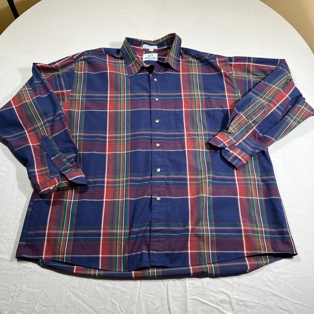 Van Heusen 417 Plaid Shirt Men XXL Long Sleeve Blue Red Button Down Cotton Blend
